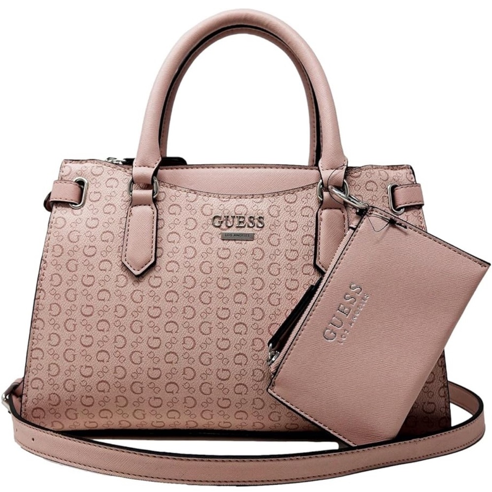 GUESS Blush Pink Logo-Print Satchel Crossbody with Matching Pouch